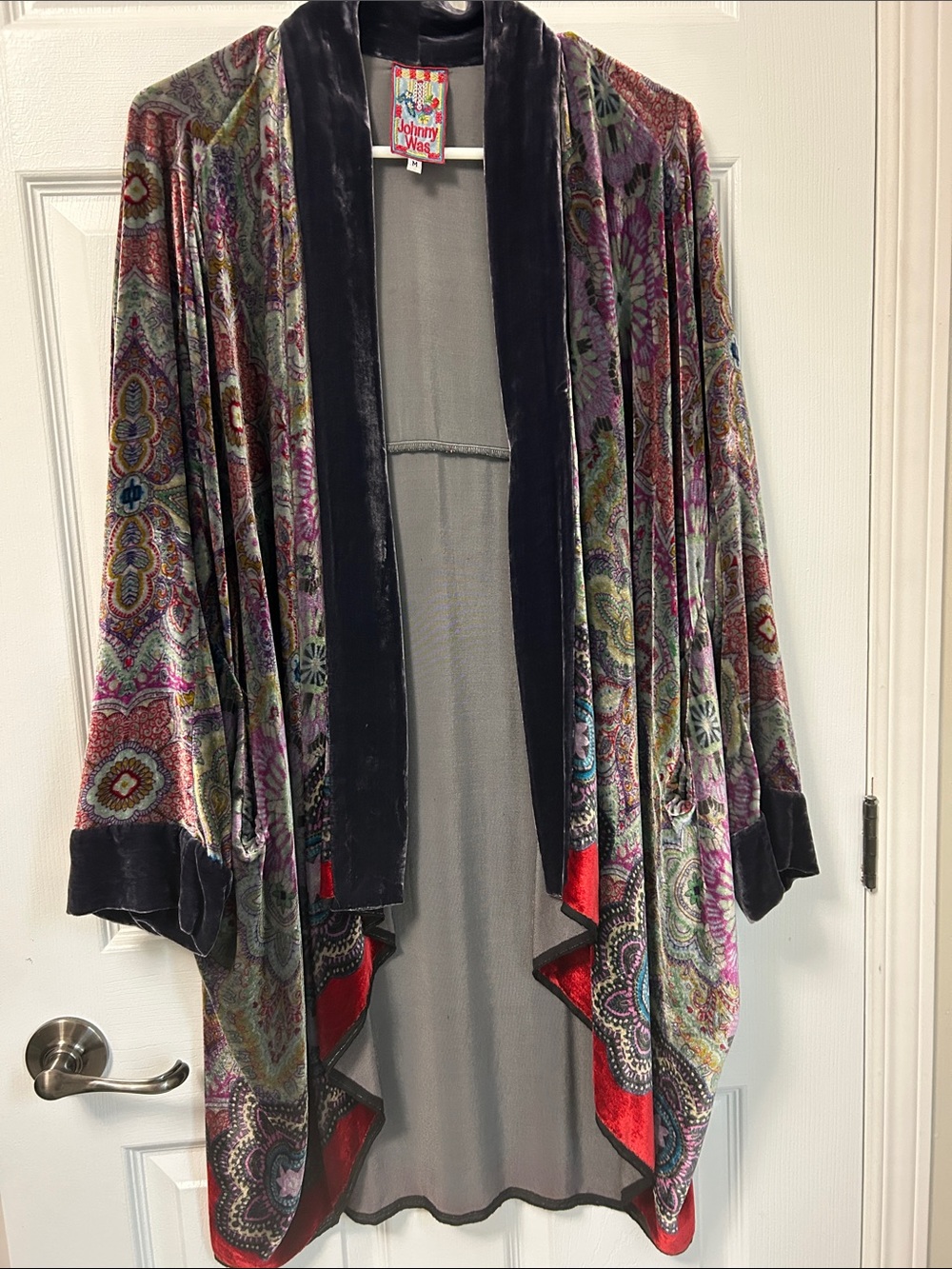 Johnny Was Multicolor Velvet Open-Front Drape Kimono/ Cardigan with Black Trim